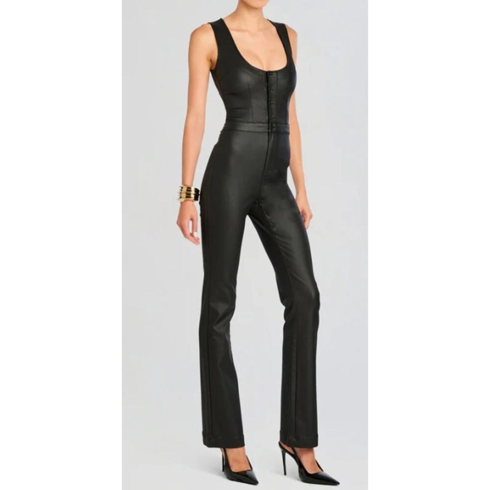 Retrofete Mckinnon Black Coated Sleeveless Jumpsuit Plunge Flare Leg XL NWT